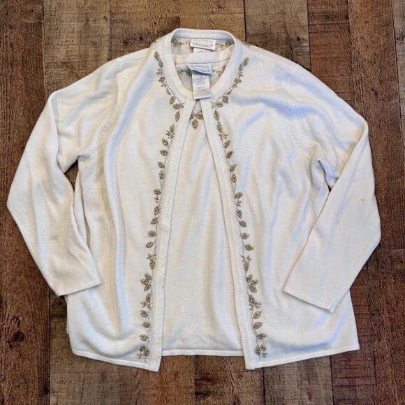 Designers Originals Sweater Set Cardigan/Shell Cream Metallic Embroidery 2 Piece - Picture 3 of 12